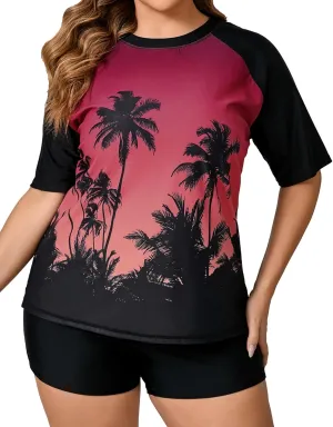 Womens Two Piece Plus Size Short Sleeve Rash Guard Sets Modest Swim Shirts Top and Shorts UPF50  Swimsuit