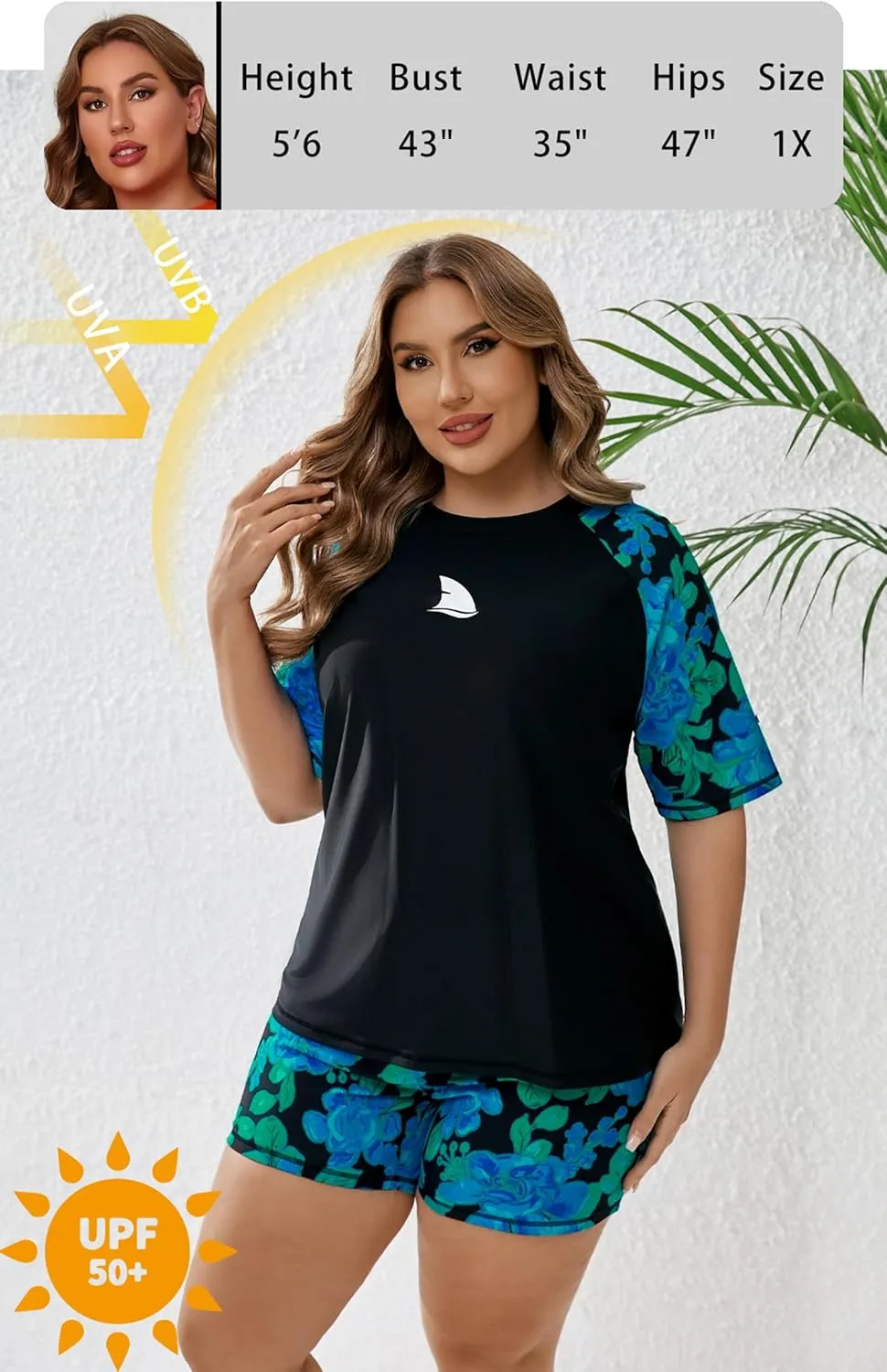 Womens Two Piece Plus Size Short Sleeve Rash Guard Sets Modest Swim Shirts Top and Shorts UPF50  Swimsuit
