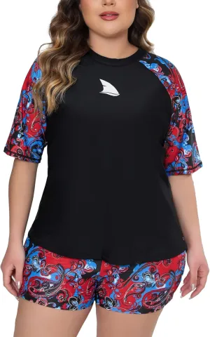 Womens Two Piece Plus Size Short Sleeve Rash Guard Sets Modest Swim Shirts Top and Shorts UPF50  Swimsuit