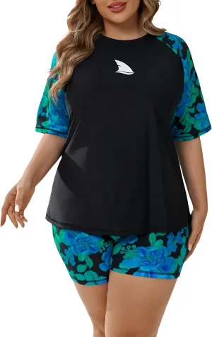 Womens Two Piece Plus Size Short Sleeve Rash Guard Sets Modest Swim Shirts Top and Shorts UPF50  Swimsuit