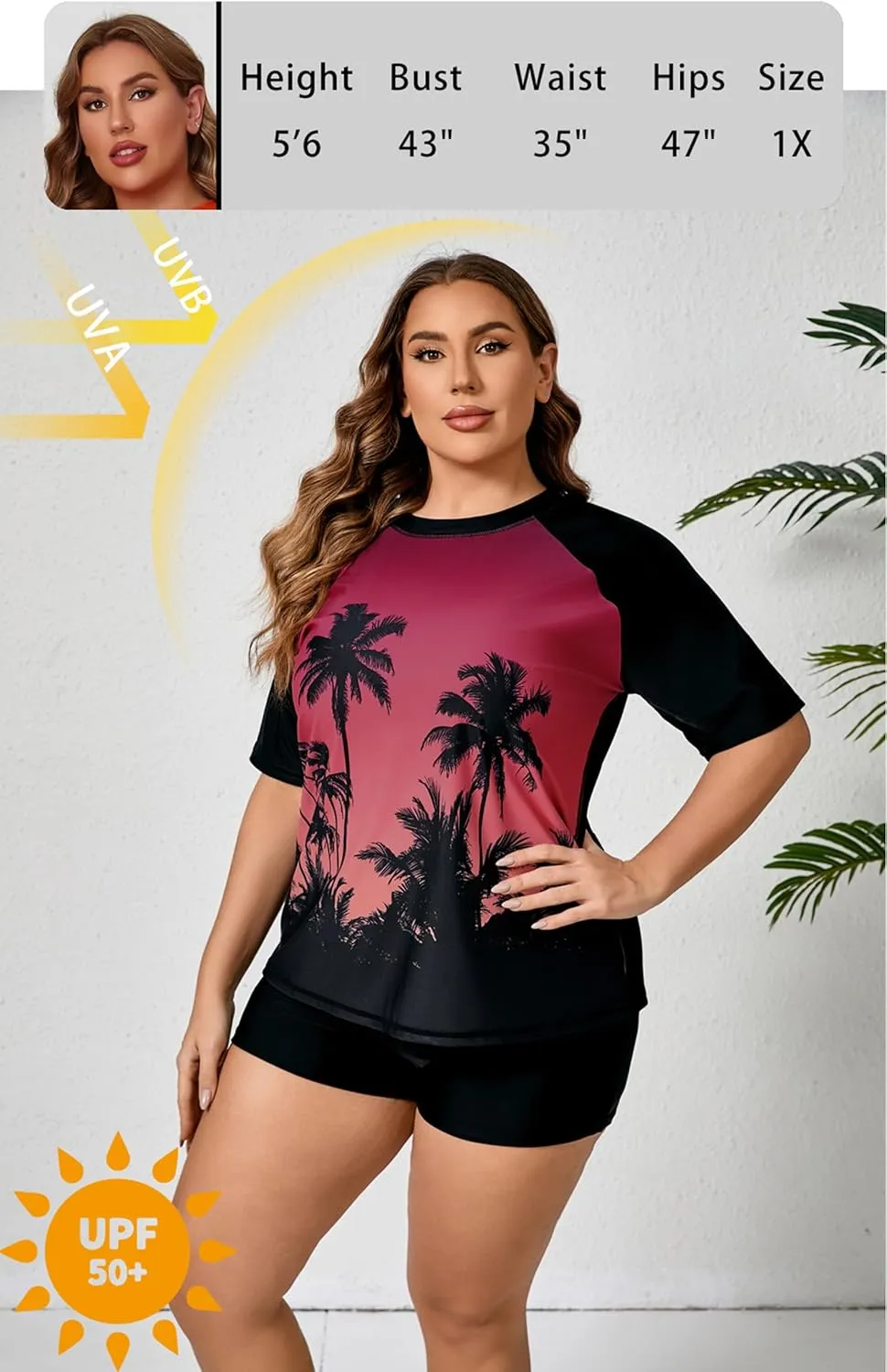 Womens Two Piece Plus Size Short Sleeve Rash Guard Sets Modest Swim Shirts Top and Shorts UPF50  Swimsuit