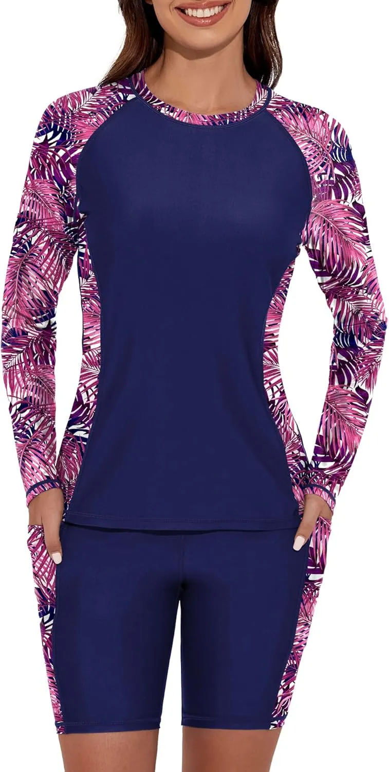 Women's Two Piece Rash Guard Swimsuit UPF 50  Long Sleeve Swim Shirt Built in Bra Swimsuit with Boyshorts with Pockets