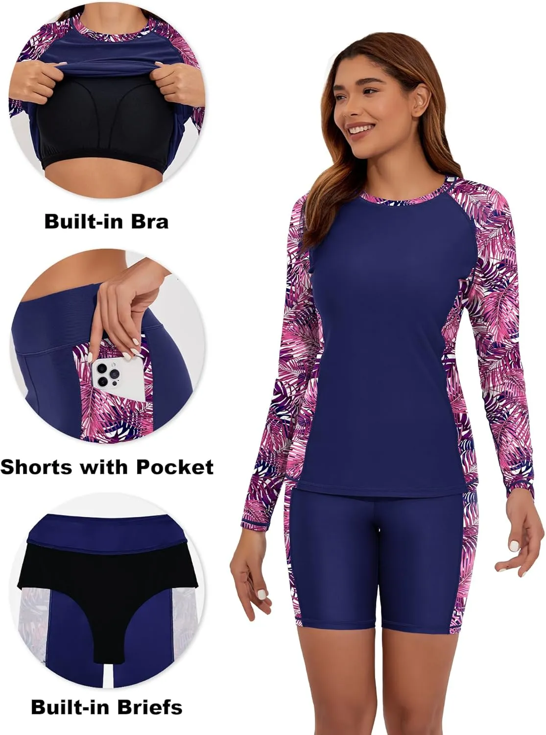 Women's Two Piece Rash Guard Swimsuit UPF 50  Long Sleeve Swim Shirt Built in Bra Swimsuit with Boyshorts with Pockets
