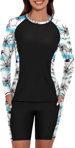 Women's Two Piece Rash Guard Swimsuit UPF 50  Long Sleeve Swim Shirt Built in Bra Swimsuit with Boyshorts with Pockets