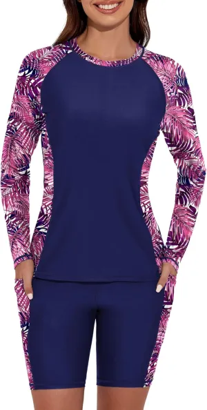 Women's Two Piece Rash Guard Swimsuit UPF 50  Long Sleeve Swim Shirt Built in Bra Swimsuit with Boyshorts with Pockets