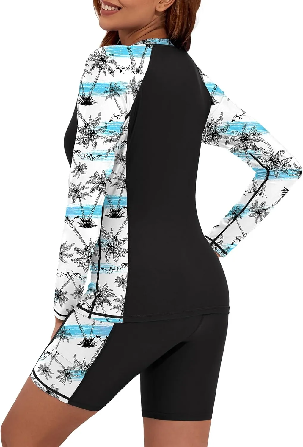 Women's Two Piece Rash Guard Swimsuit UPF 50  Long Sleeve Swim Shirt Built in Bra Swimsuit with Boyshorts with Pockets
