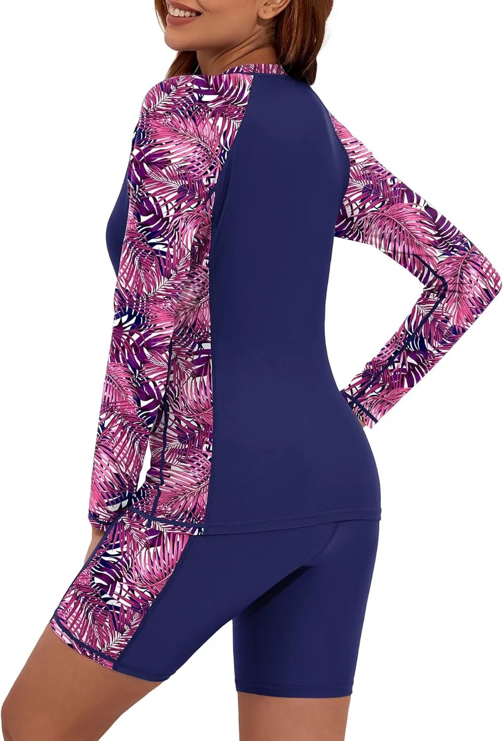 Women's Two Piece Rash Guard Swimsuit UPF 50  Long Sleeve Swim Shirt Built in Bra Swimsuit with Boyshorts with Pockets
