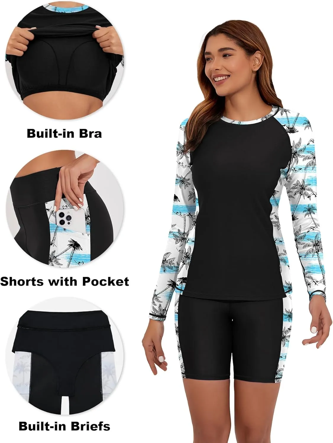 Women's Two Piece Rash Guard Swimsuit UPF 50  Long Sleeve Swim Shirt Built in Bra Swimsuit with Boyshorts with Pockets