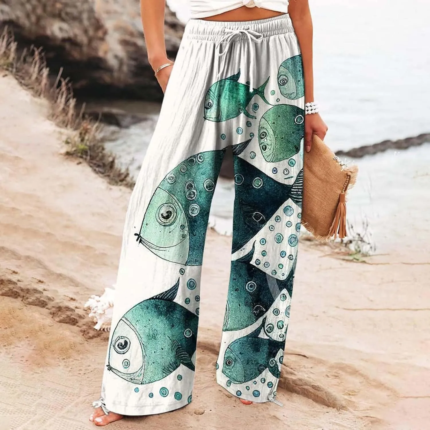Women's Vintage Art Print Cotton and Linen Casual Pants Casual Wide Leg Trousers Womens Plus Womens