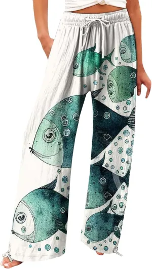 Women's Vintage Art Print Cotton and Linen Casual Pants Casual Wide Leg Trousers Womens Plus Womens