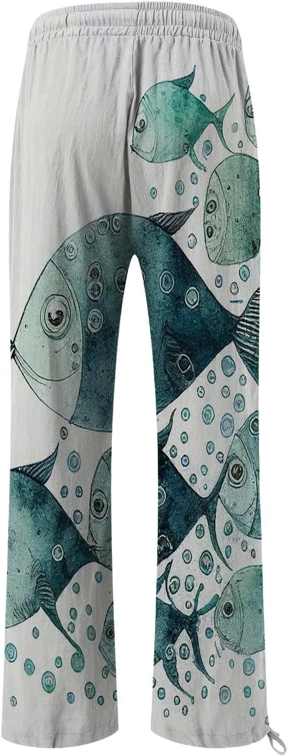 Women's Vintage Art Print Cotton and Linen Casual Pants Casual Wide Leg Trousers Womens Plus Womens