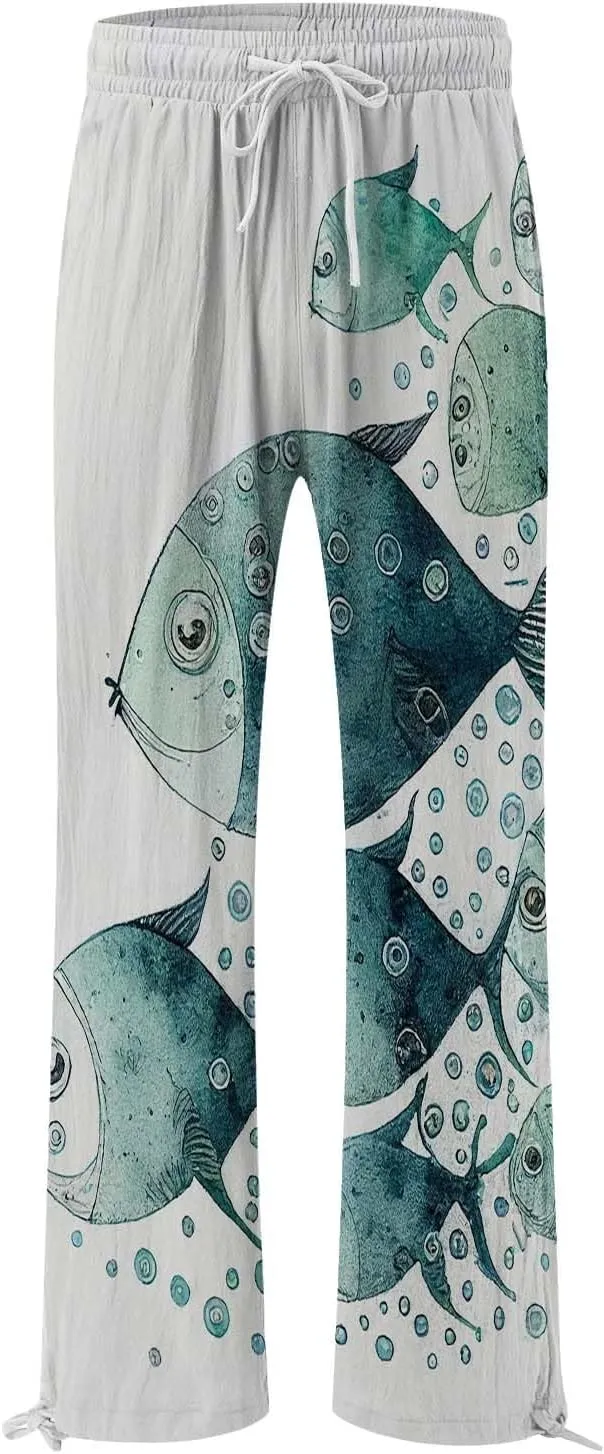 Women's Vintage Art Print Cotton and Linen Casual Pants Casual Wide Leg Trousers Womens Plus Womens