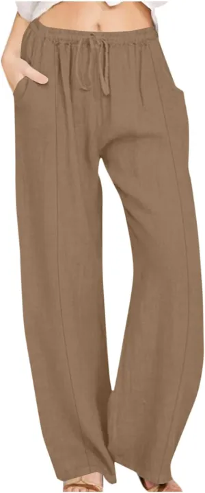 Women's Vintage Wide Leg Pants Cotton Linen Harem Pants Summer Elastic Waist Casual Lightweight Baggy Slacks Trousers