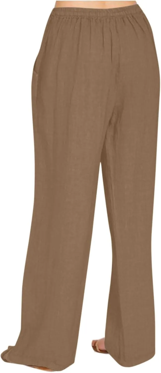 Women's Vintage Wide Leg Pants Cotton Linen Harem Pants Summer Elastic Waist Casual Lightweight Baggy Slacks Trousers