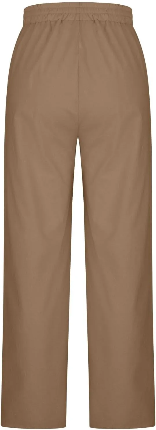 Women's Vintage Wide Leg Pants Cotton Linen Harem Pants Summer Elastic Waist Casual Lightweight Baggy Slacks Trousers