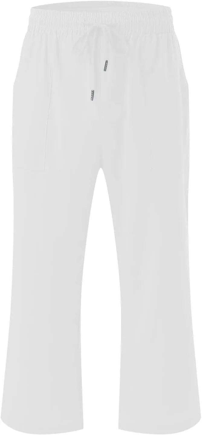 Womens Wide Leg Capris Casual Summer Elastic High Waist Cotton Linen Carpi Pants Loose Comfy Cropped Lounge Trousers