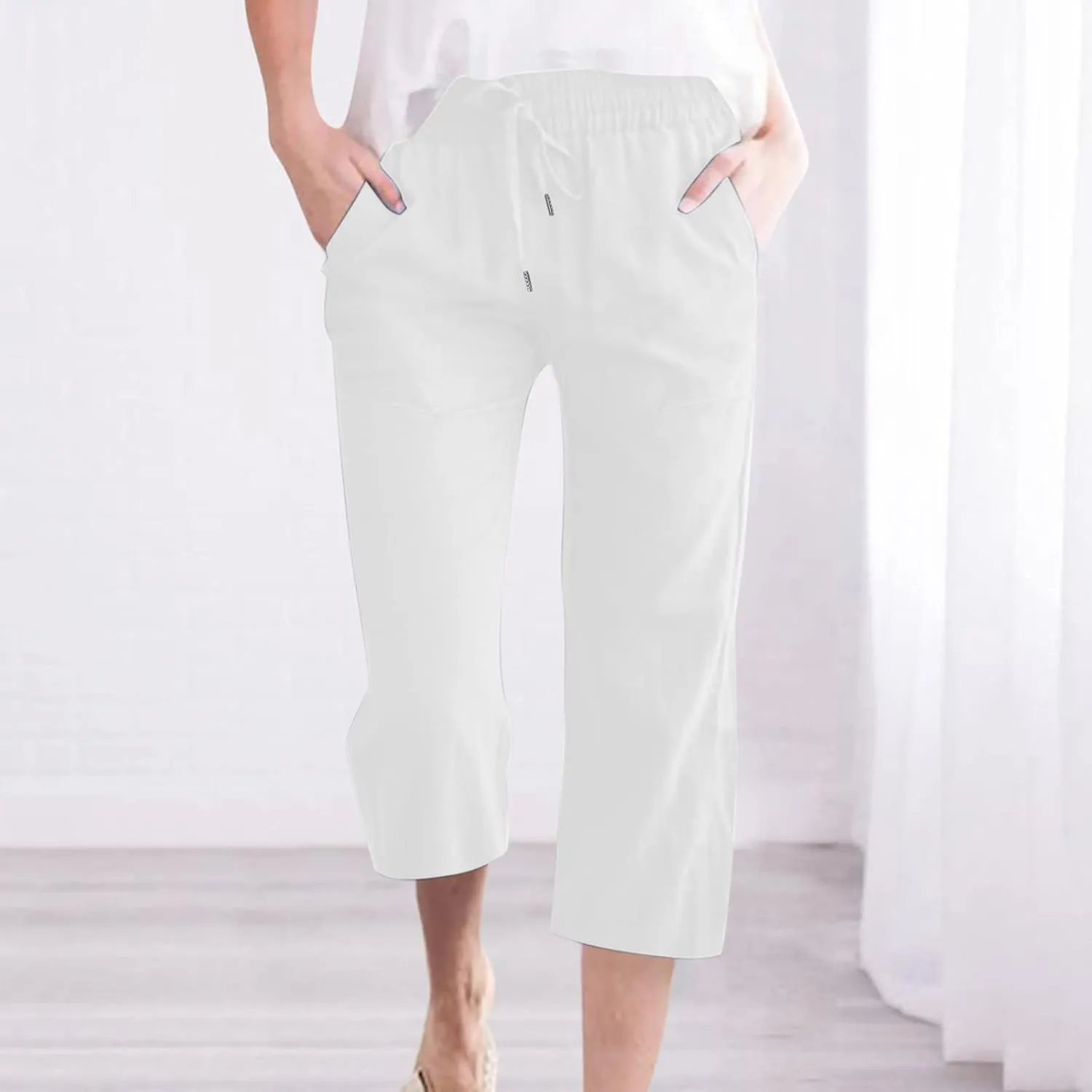 Womens Wide Leg Capris Casual Summer Elastic High Waist Cotton Linen Carpi Pants Loose Comfy Cropped Lounge Trousers