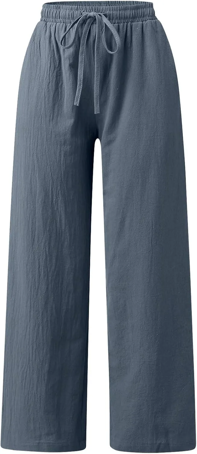 Women's Wide Leg Cotton Linen Pants Summer Flowy Beach Pants Drawstring High Waisted Palazzo Pants Plus Size Yoga Trousers