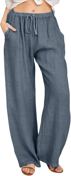 Women's Wide Leg Cotton Linen Pants Summer Flowy Beach Pants Drawstring High Waisted Palazzo Pants Plus Size Yoga Trousers