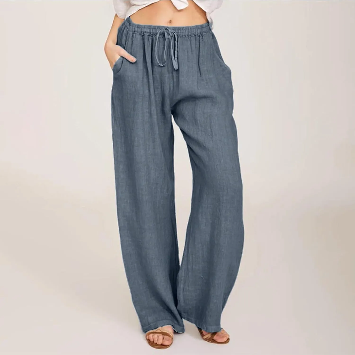 Women's Wide Leg Cotton Linen Pants Summer Flowy Beach Pants Drawstring High Waisted Palazzo Pants Plus Size Yoga Trousers