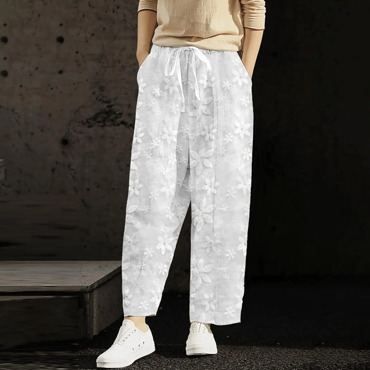 Womens Wide Leg Crop Pants Casual Drawstring Baggy Loose Linen Pants with Pockets Plus Size HIgh Waist Linen Pants
