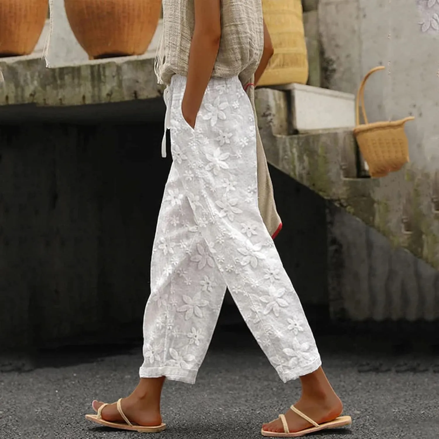 Womens Wide Leg Crop Pants Casual Drawstring Baggy Loose Linen Pants with Pockets Plus Size HIgh Waist Linen Pants
