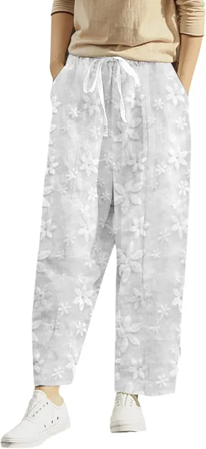 Womens Wide Leg Crop Pants Casual Drawstring Baggy Loose Linen Pants with Pockets Plus Size HIgh Waist Linen Pants