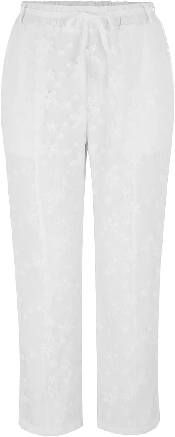 Womens Wide Leg Crop Pants Casual Drawstring Baggy Loose Linen Pants with Pockets Plus Size HIgh Waist Linen Pants