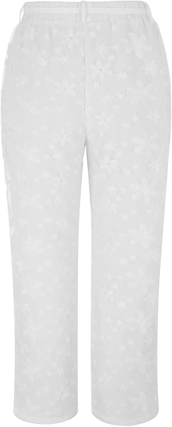 Womens Wide Leg Crop Pants Casual Drawstring Baggy Loose Linen Pants with Pockets Plus Size HIgh Waist Linen Pants