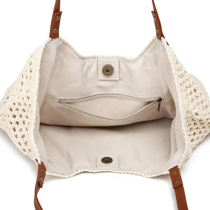 Women's Woven Shoulder Bag Bohemian Style Bucket Bag Large Capacity Hand Crochet Women's Handbag for Everyday & Travel