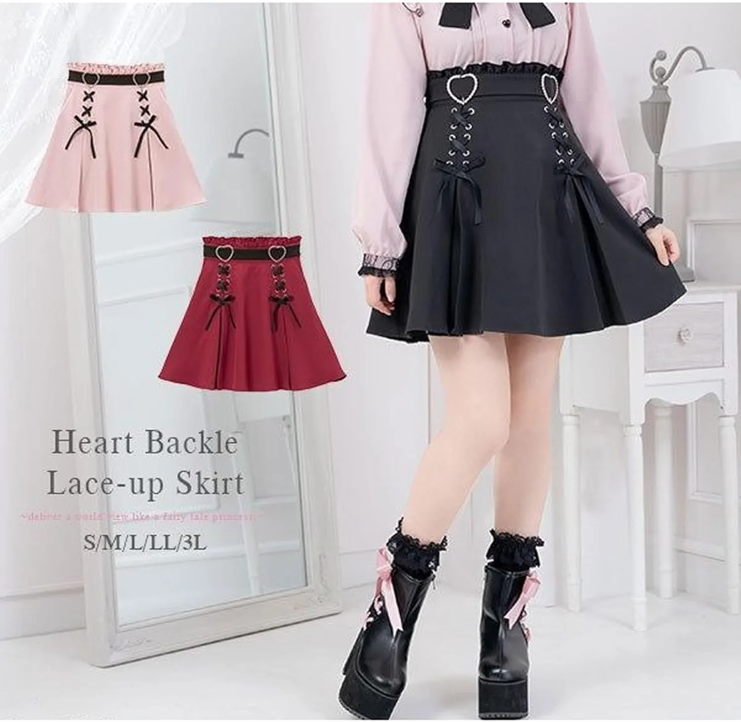 Women's Y2K high Waisted A-line Mini Skirt with Cute Heart Belt Decoration and Patchwork Pleated Skirt