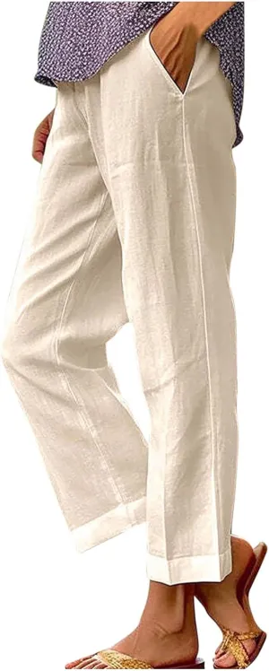 YRAETENM Cotton Linen Pants Women Elastic High Waist Straight Leg Lounge Pants Casual Slacks Summer Trouser with Pockets