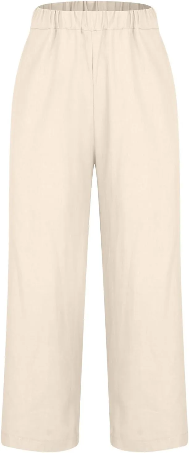 YRAETENM Cotton Linen Pants Women Elastic High Waist Straight Leg Lounge Pants Casual Slacks Summer Trouser with Pockets