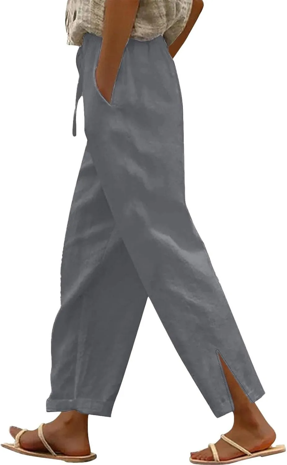 YRAETENM Linen Pants for Women High Waisted Elastic Drawstring Wide Leg Trousers Casual Comfy Beach Outfits with Pockets