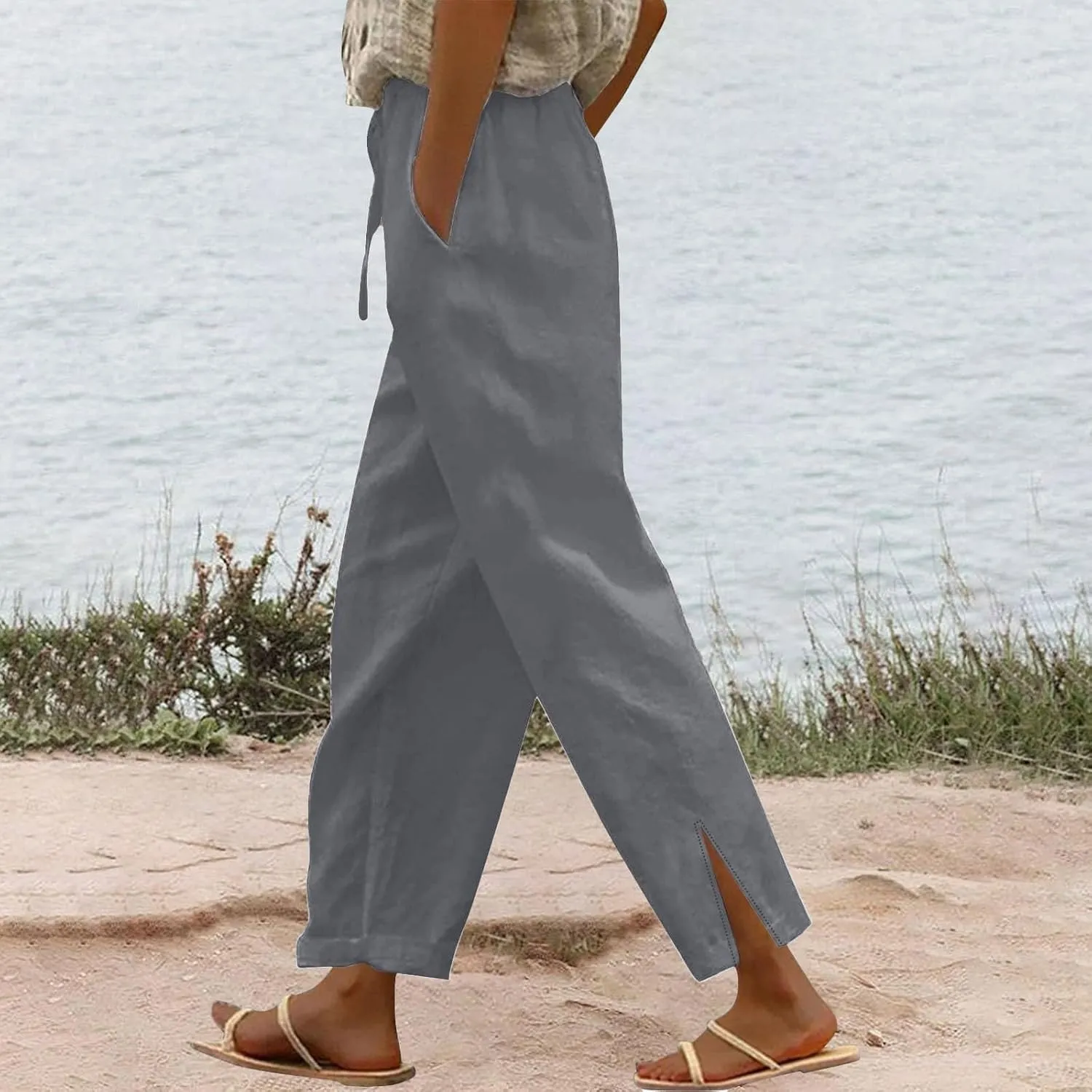YRAETENM Linen Pants for Women High Waisted Elastic Drawstring Wide Leg Trousers Casual Comfy Beach Outfits with Pockets