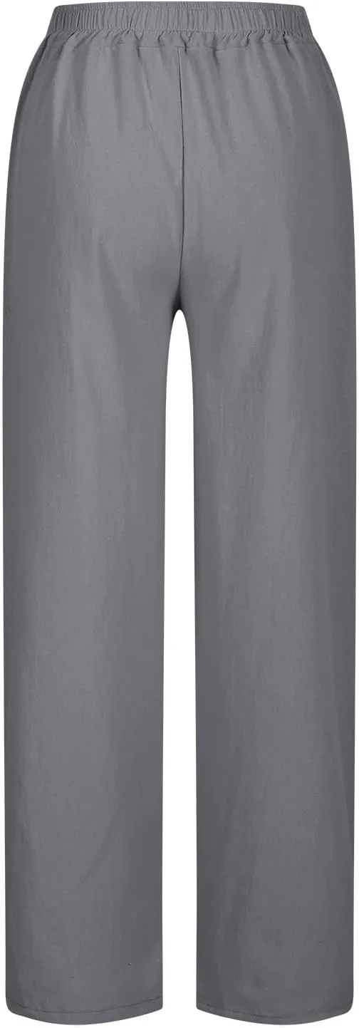 YRAETENM Linen Pants for Women High Waisted Elastic Drawstring Wide Leg Trousers Casual Comfy Beach Outfits with Pockets