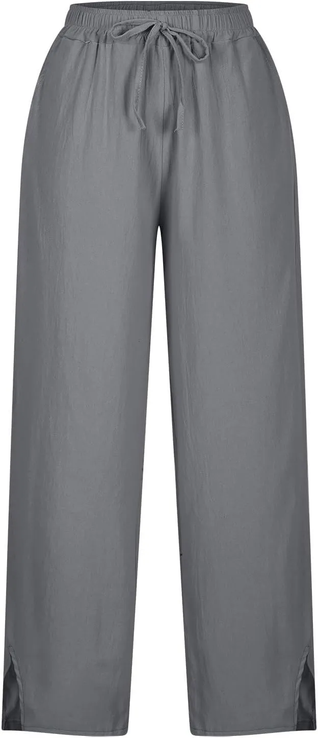 YRAETENM Linen Pants for Women High Waisted Elastic Drawstring Wide Leg Trousers Casual Comfy Beach Outfits with Pockets