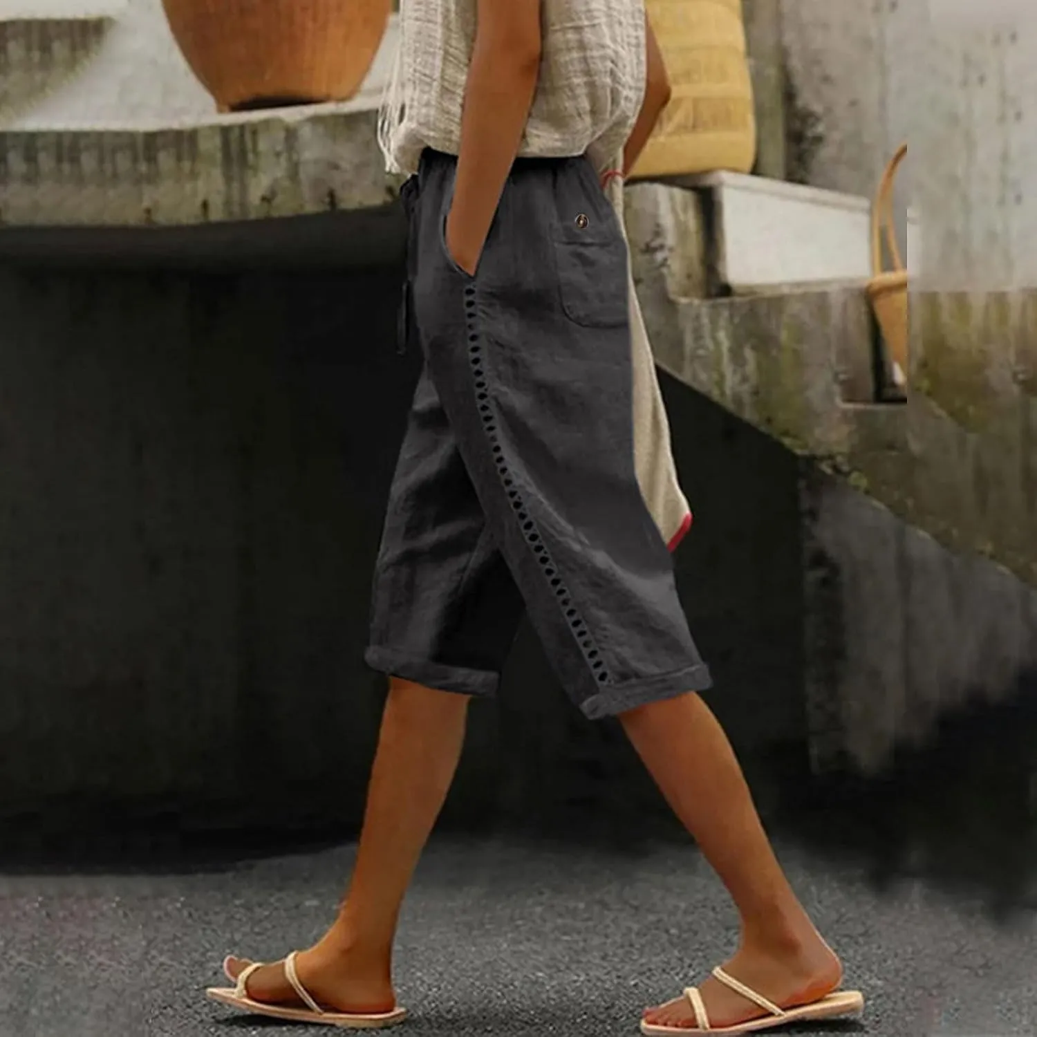 YRAETENM Linen Pants for Women Summer High Waisted Drawstring Lounge Pants Casual Loose Side Hollow Out Trousers with Pockets