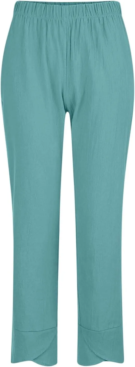 YRAETENM Linen Pants Women Summer Casual Capri Pants Cropped Comfy Baggy Trousers High Waisted Lounge Pants with Pockets