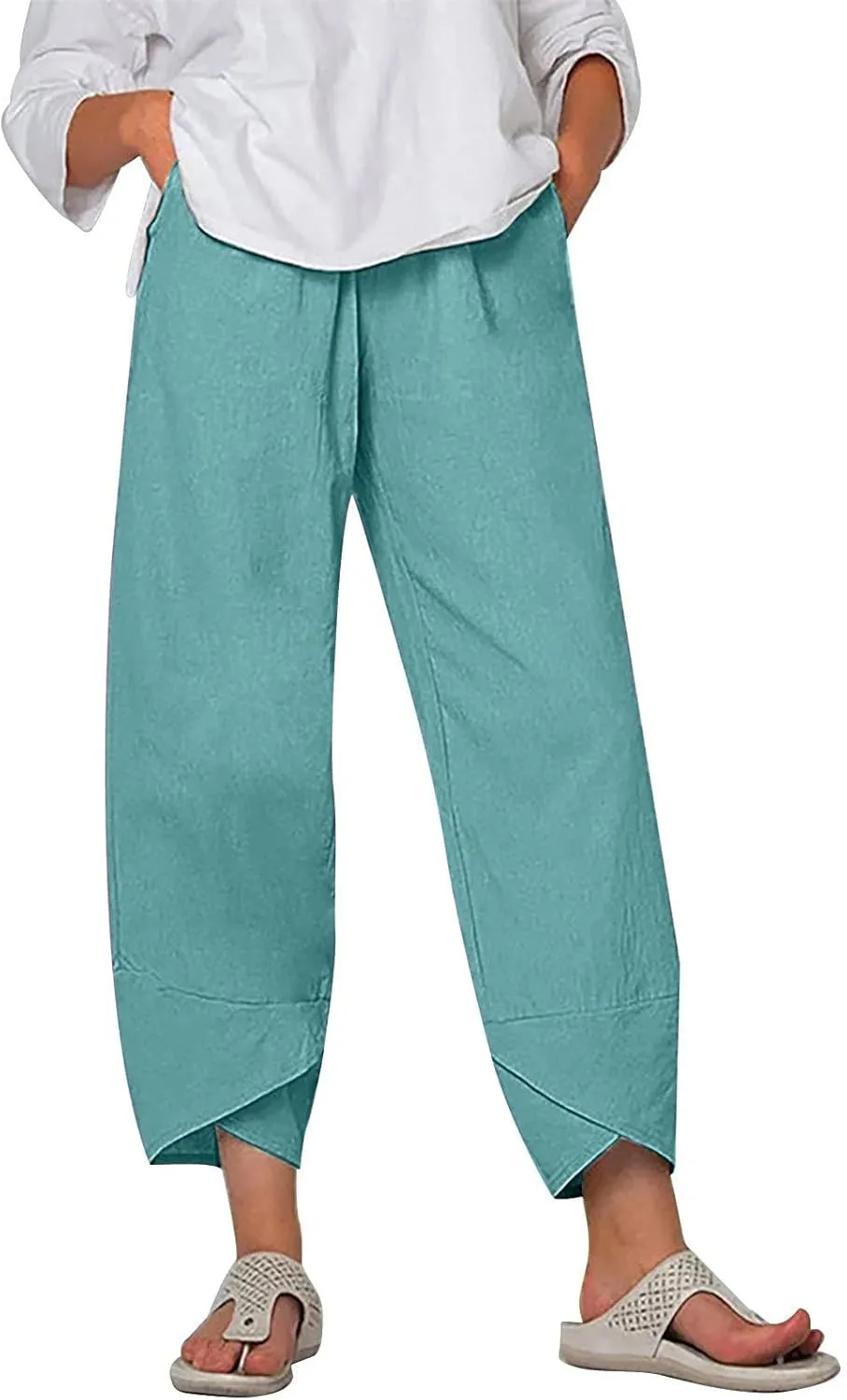 YRAETENM Linen Pants Women Summer Casual Capri Pants Cropped Comfy Baggy Trousers High Waisted Lounge Pants with Pockets