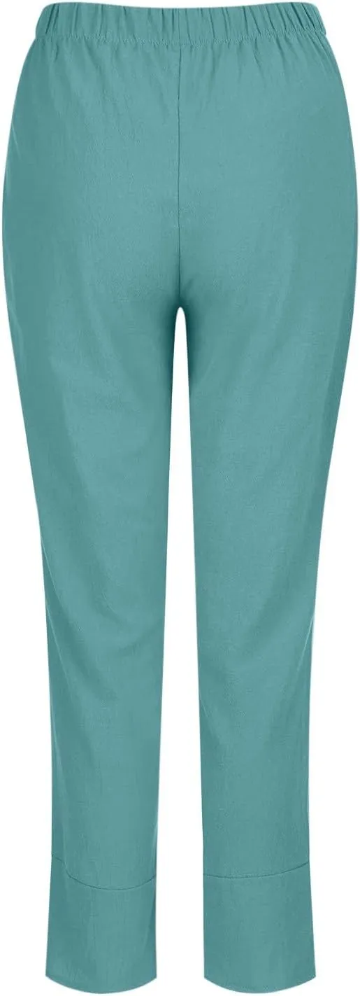 YRAETENM Linen Pants Women Summer Casual Capri Pants Cropped Comfy Baggy Trousers High Waisted Lounge Pants with Pockets