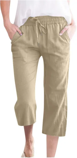YRAETENM Linen Pants Women Summer Drawstring Elastic High Waist Capri Pants Casual Straight Wide Leg Trouser Wirh Pockets