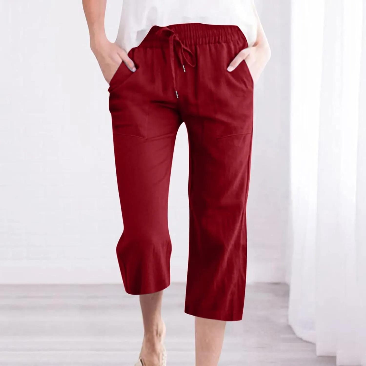 YRAETENM Linen Pants Women Summer Drawstring Elastic High Waist Capri Pants Casual Straight Wide Leg Trouser Wirh Pockets