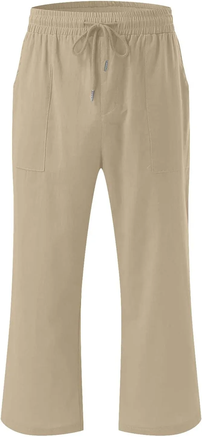 YRAETENM Linen Pants Women Summer Drawstring Elastic High Waist Capri Pants Casual Straight Wide Leg Trouser Wirh Pockets
