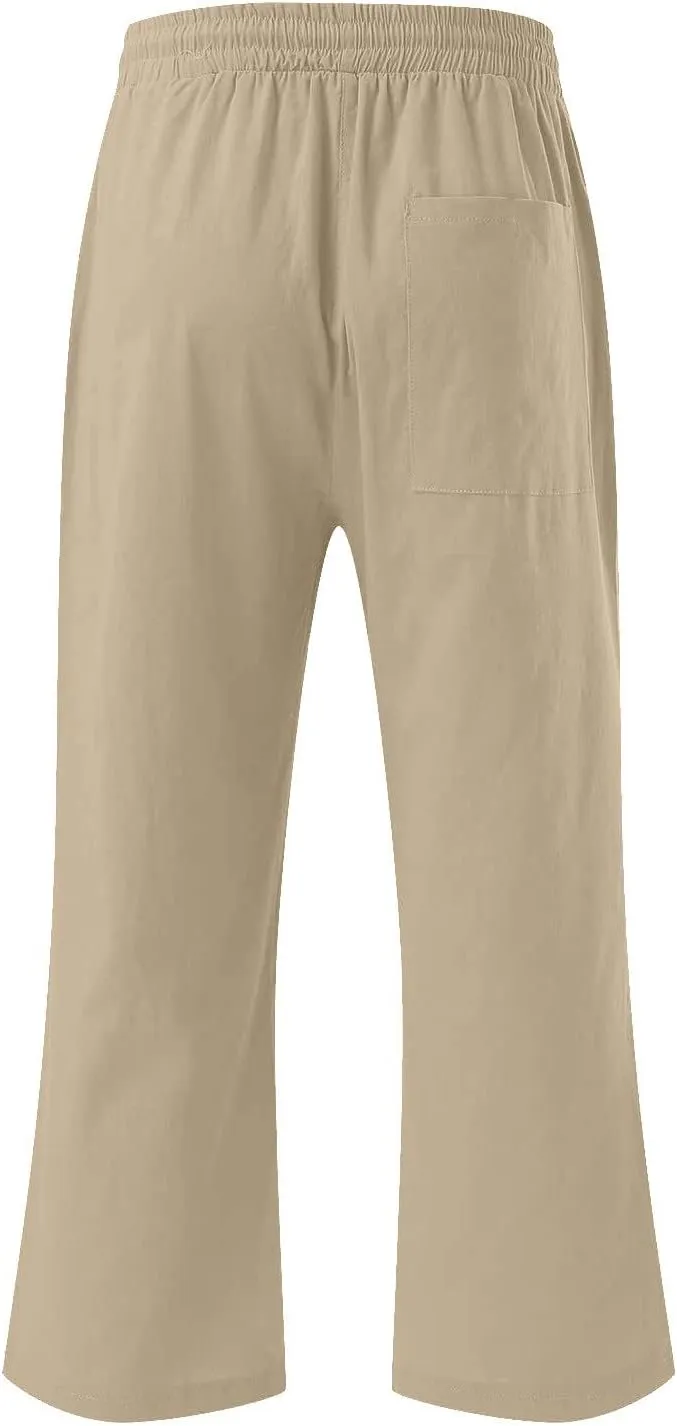 YRAETENM Linen Pants Women Summer Drawstring Elastic High Waist Capri Pants Casual Straight Wide Leg Trouser Wirh Pockets