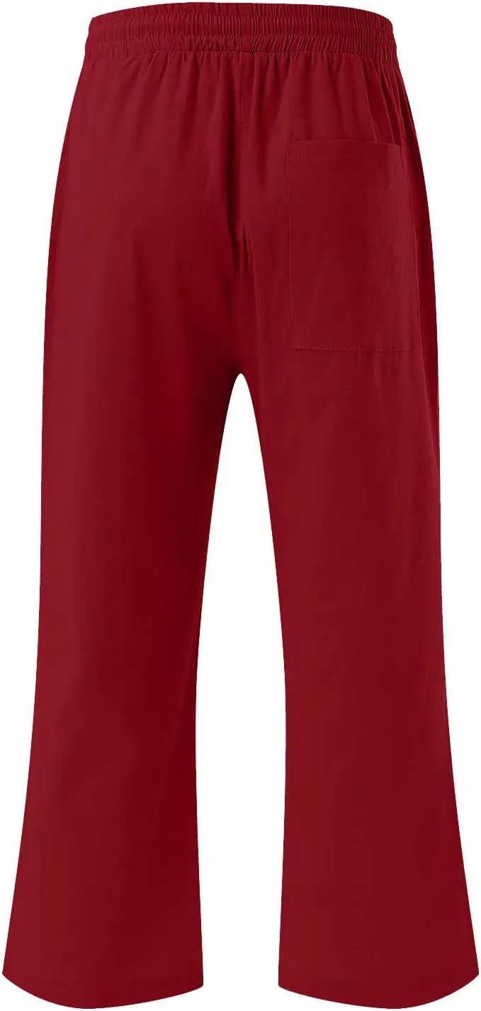 YRAETENM Linen Pants Women Summer Drawstring Elastic High Waist Capri Pants Casual Straight Wide Leg Trouser Wirh Pockets