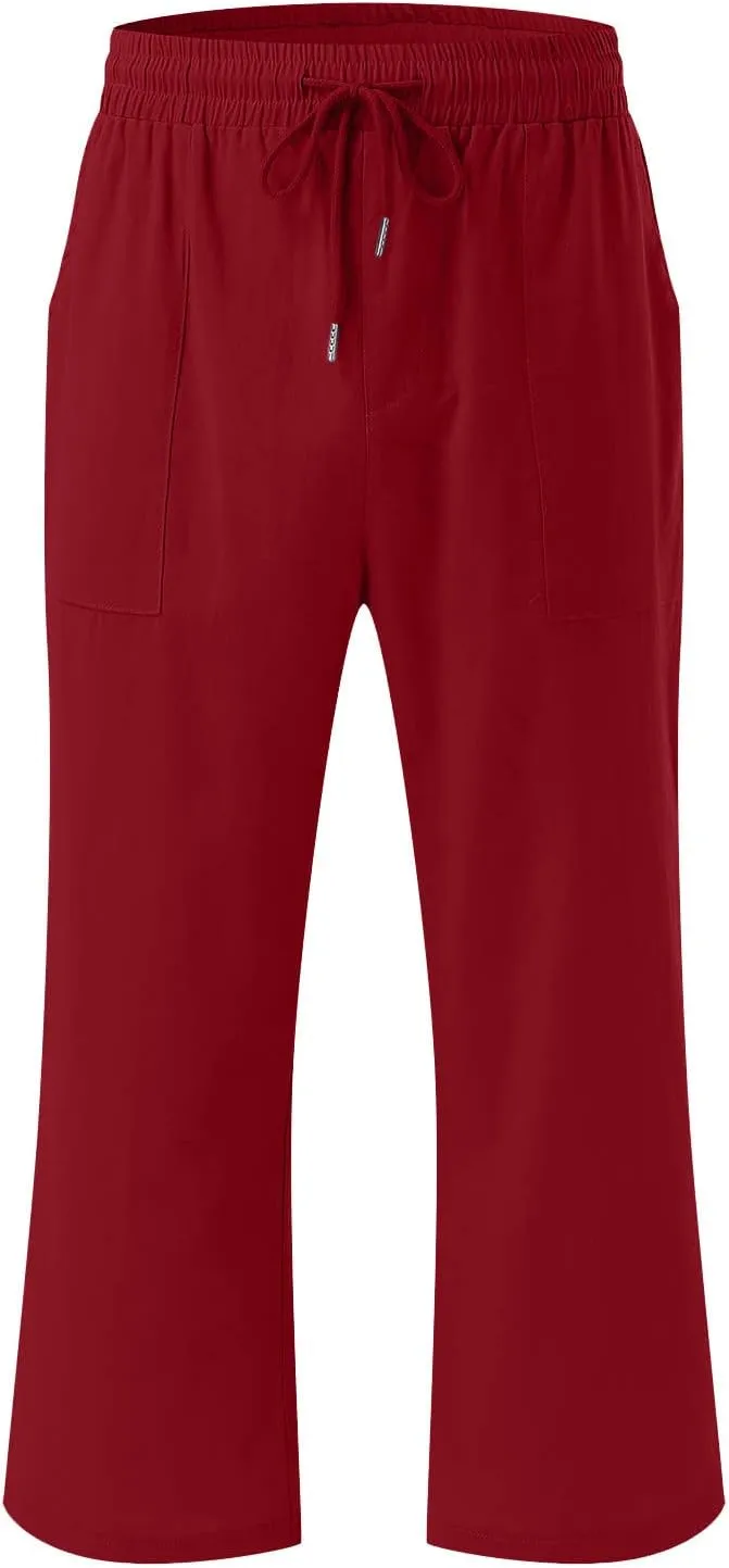 YRAETENM Linen Pants Women Summer Drawstring Elastic High Waist Capri Pants Casual Straight Wide Leg Trouser Wirh Pockets