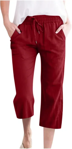 YRAETENM Linen Pants Women Summer Drawstring Elastic High Waist Capri Pants Casual Straight Wide Leg Trouser Wirh Pockets