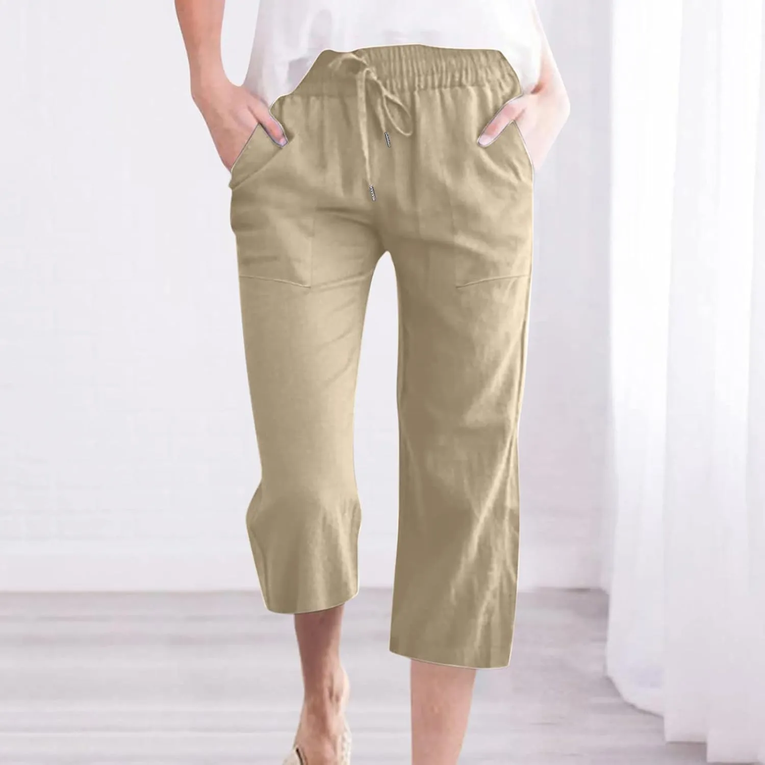 YRAETENM Linen Pants Women Summer Drawstring Elastic High Waist Capri Pants Casual Straight Wide Leg Trouser Wirh Pockets