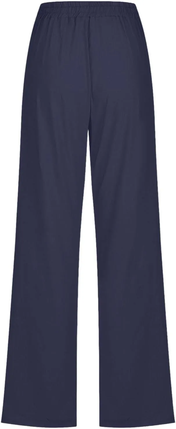 YRAETENM Womens Casual Linen Pants Lightweight Drawstring Elastic Waist Beach Slacks Summer Casual Loose Comfy Long Trousers